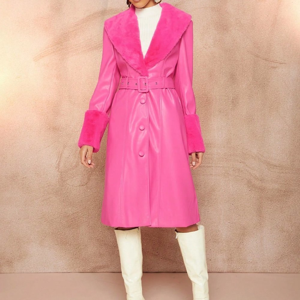Pink Preppy Women's Single Breasted Coat w/Fur Collar And Waist Belt - Picture 4 of 5